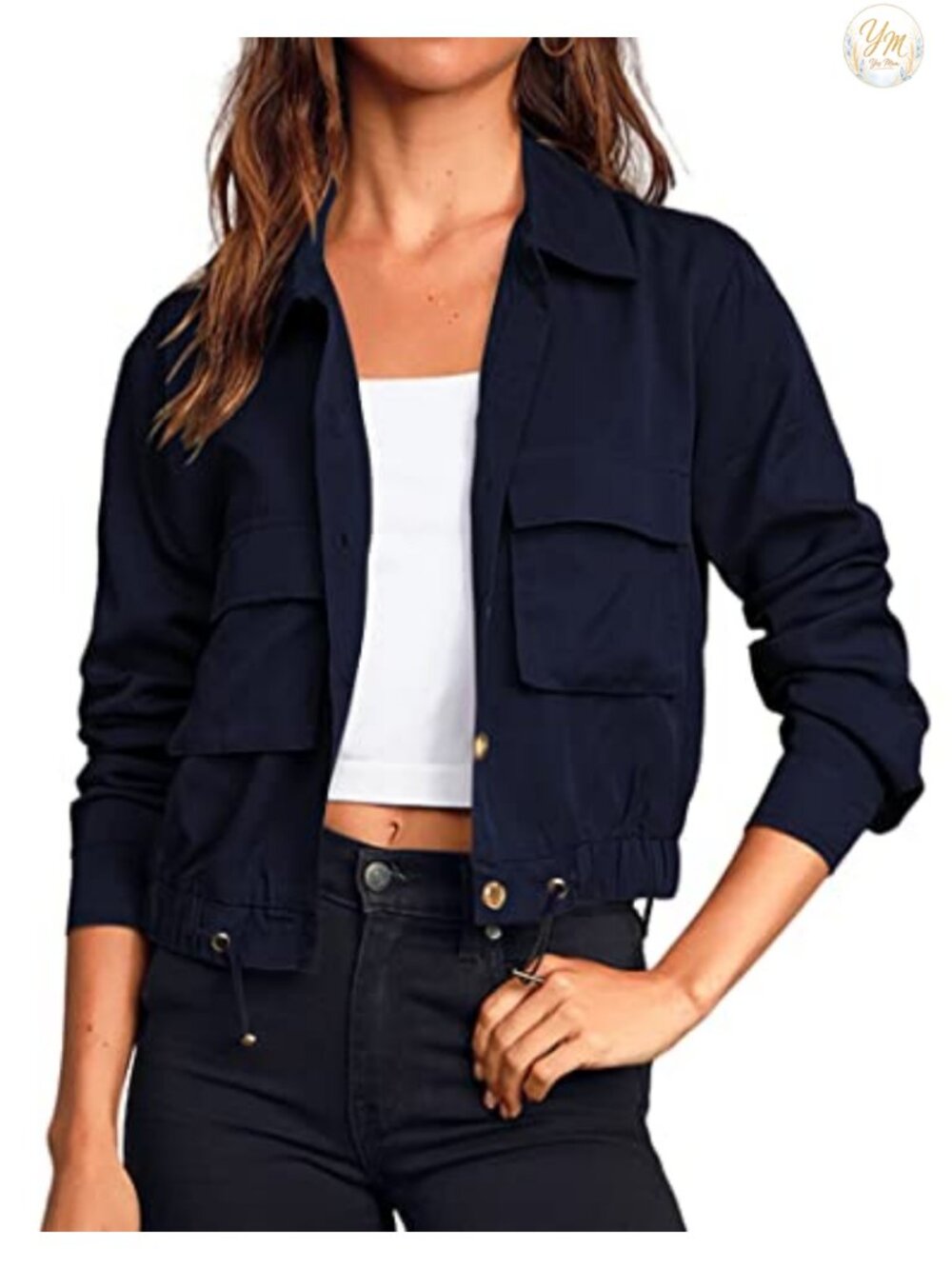 Women's Cropped Military Utility Jacket Lightweight Polyester Button Down with